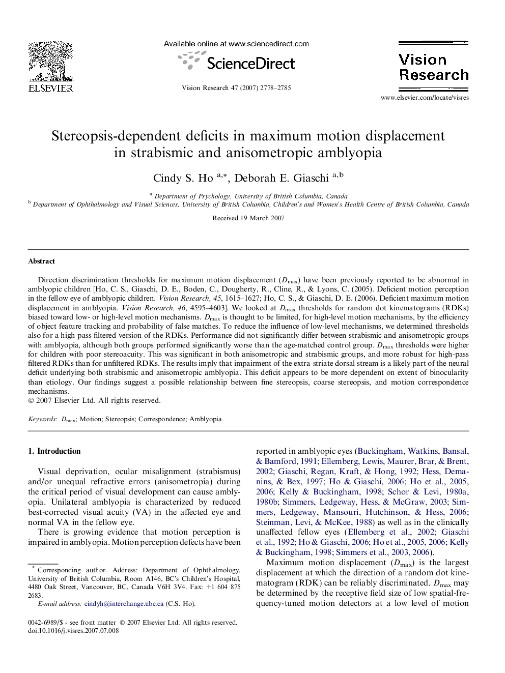 Stereopsis-dependent deficits in maximum motion displacement in strabismic and anisometropic amblyopia