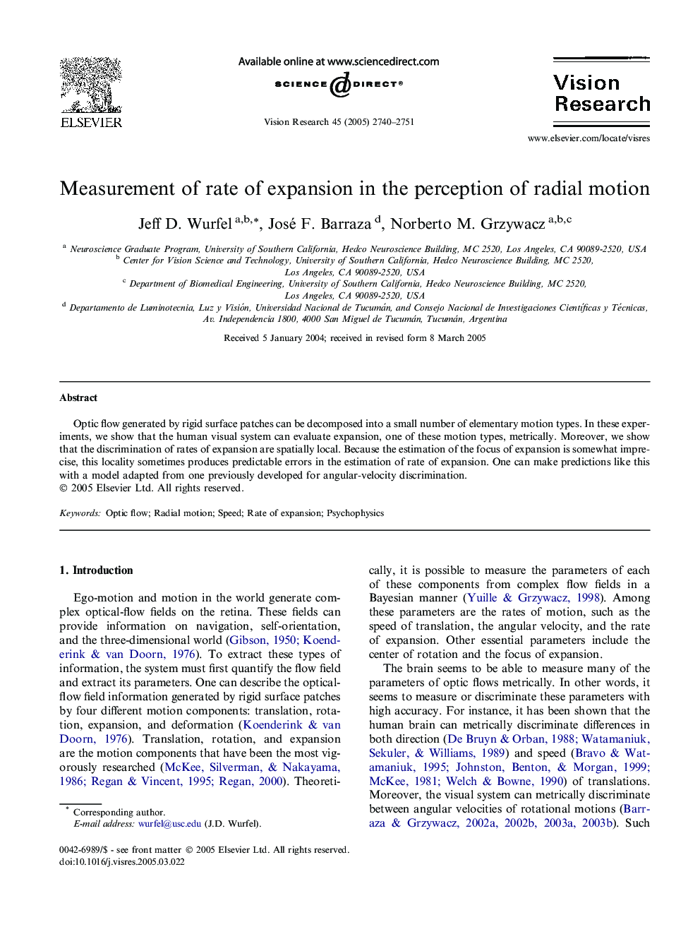 Measurement of rate of expansion in the perception of radial motion