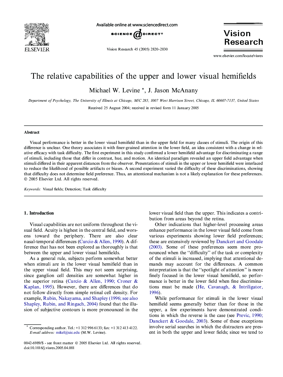 The relative capabilities of the upper and lower visual hemifields