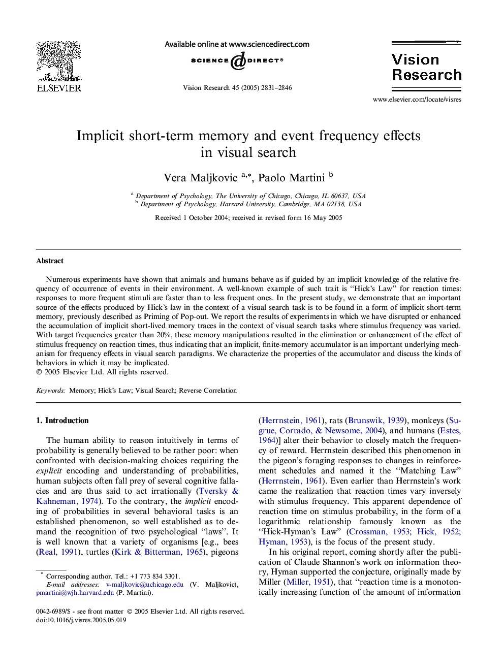 Implicit short-term memory and event frequency effects in visual search