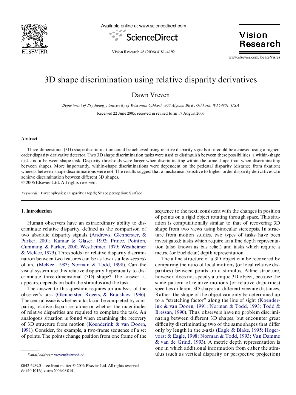 3D shape discrimination using relative disparity derivatives