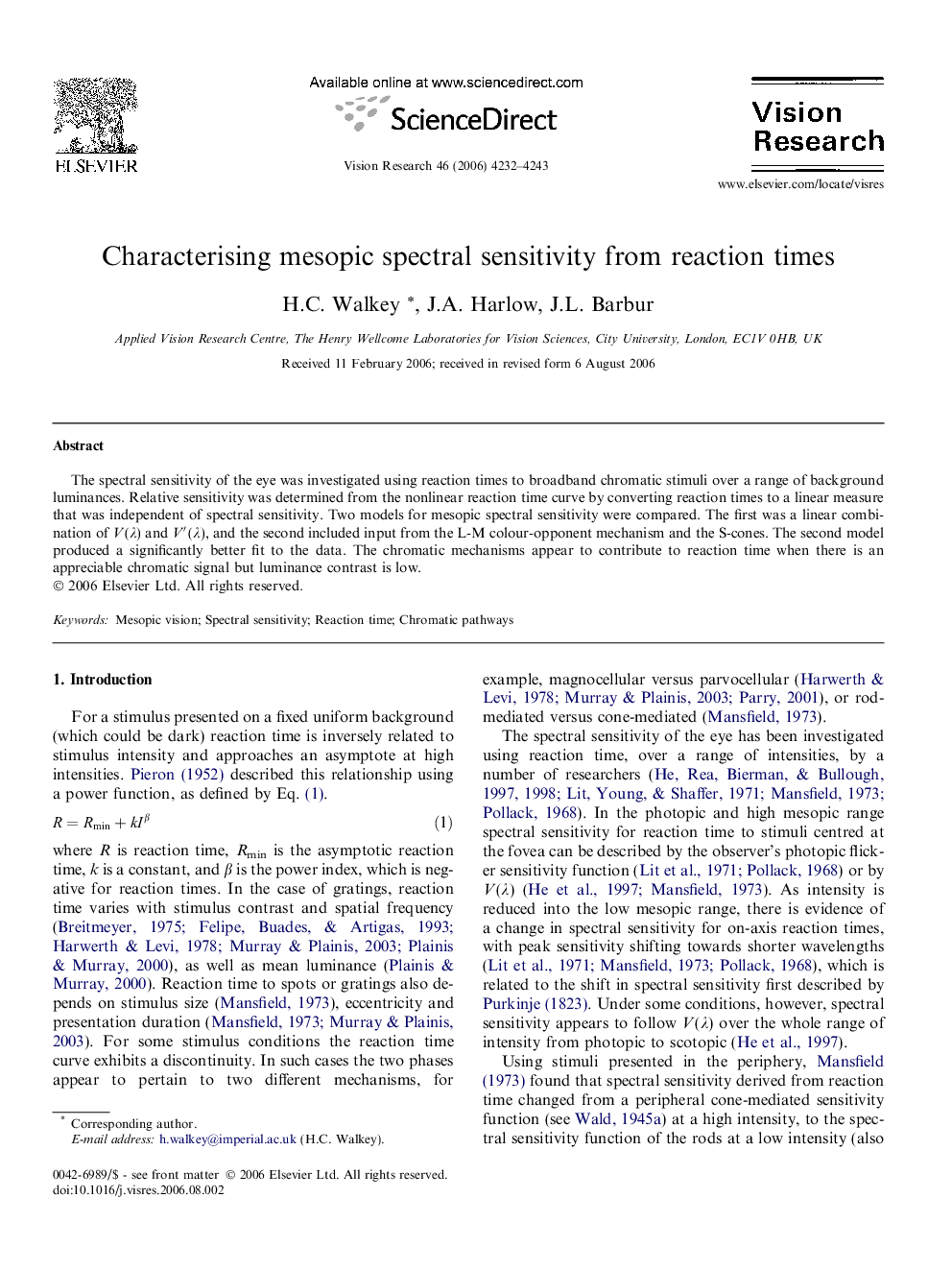 Characterising mesopic spectral sensitivity from reaction times