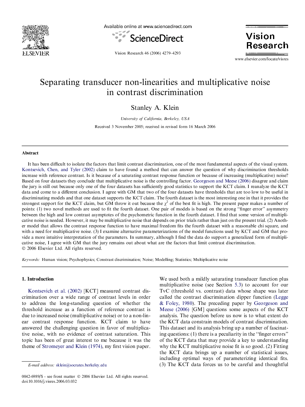 Separating transducer non-linearities and multiplicative noise in contrast discrimination