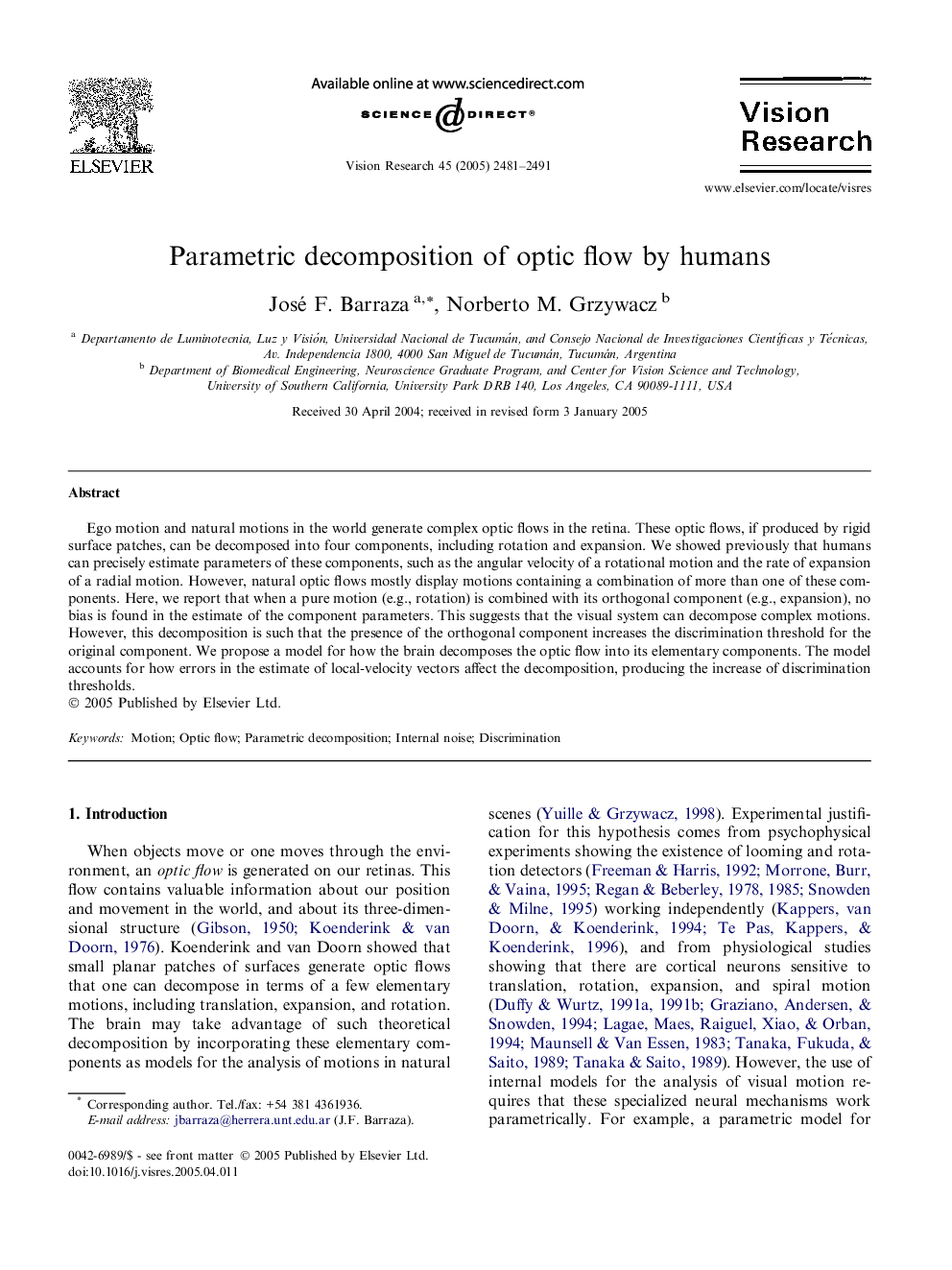 Parametric decomposition of optic flow by humans