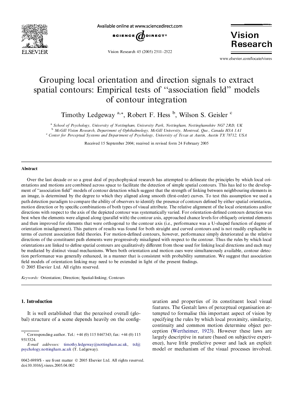 Grouping local orientation and direction signals to extract spatial contours: Empirical tests of “association field” models of contour integration