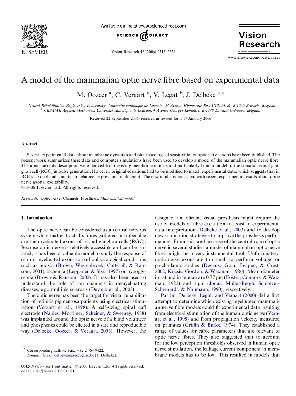 A model of the mammalian optic nerve fibre based on experimental data