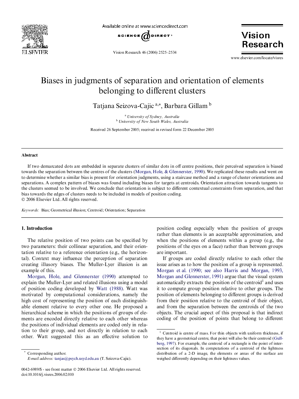 Biases in judgments of separation and orientation of elements belonging to different clusters