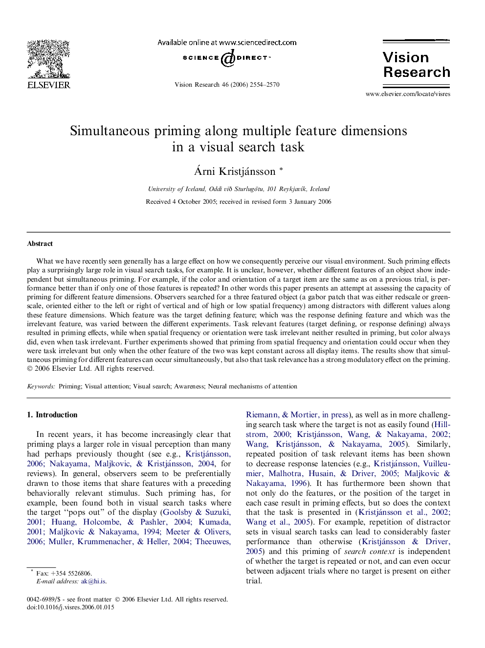 Simultaneous priming along multiple feature dimensions in a visual search task