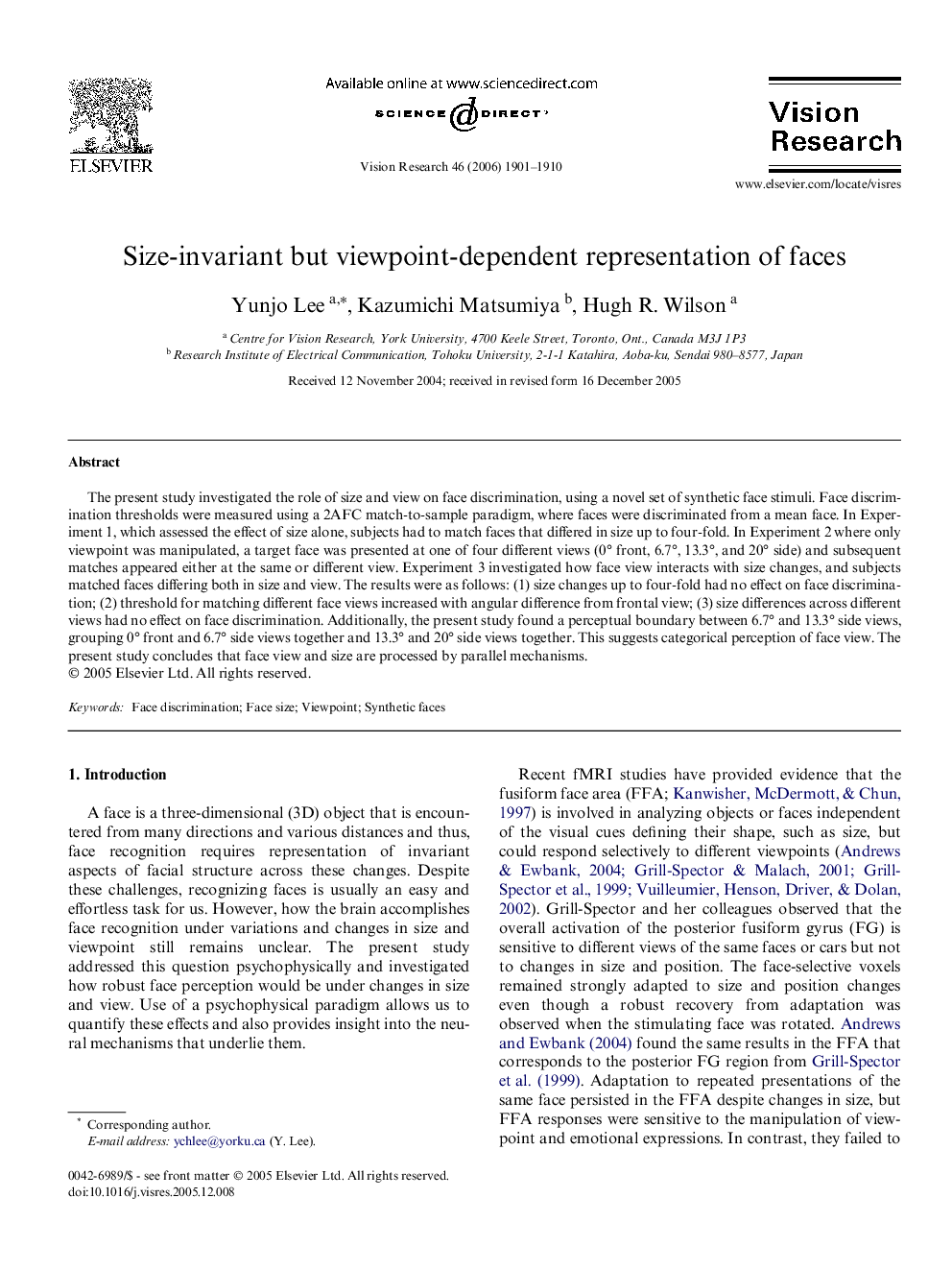 Size-invariant but viewpoint-dependent representation of faces