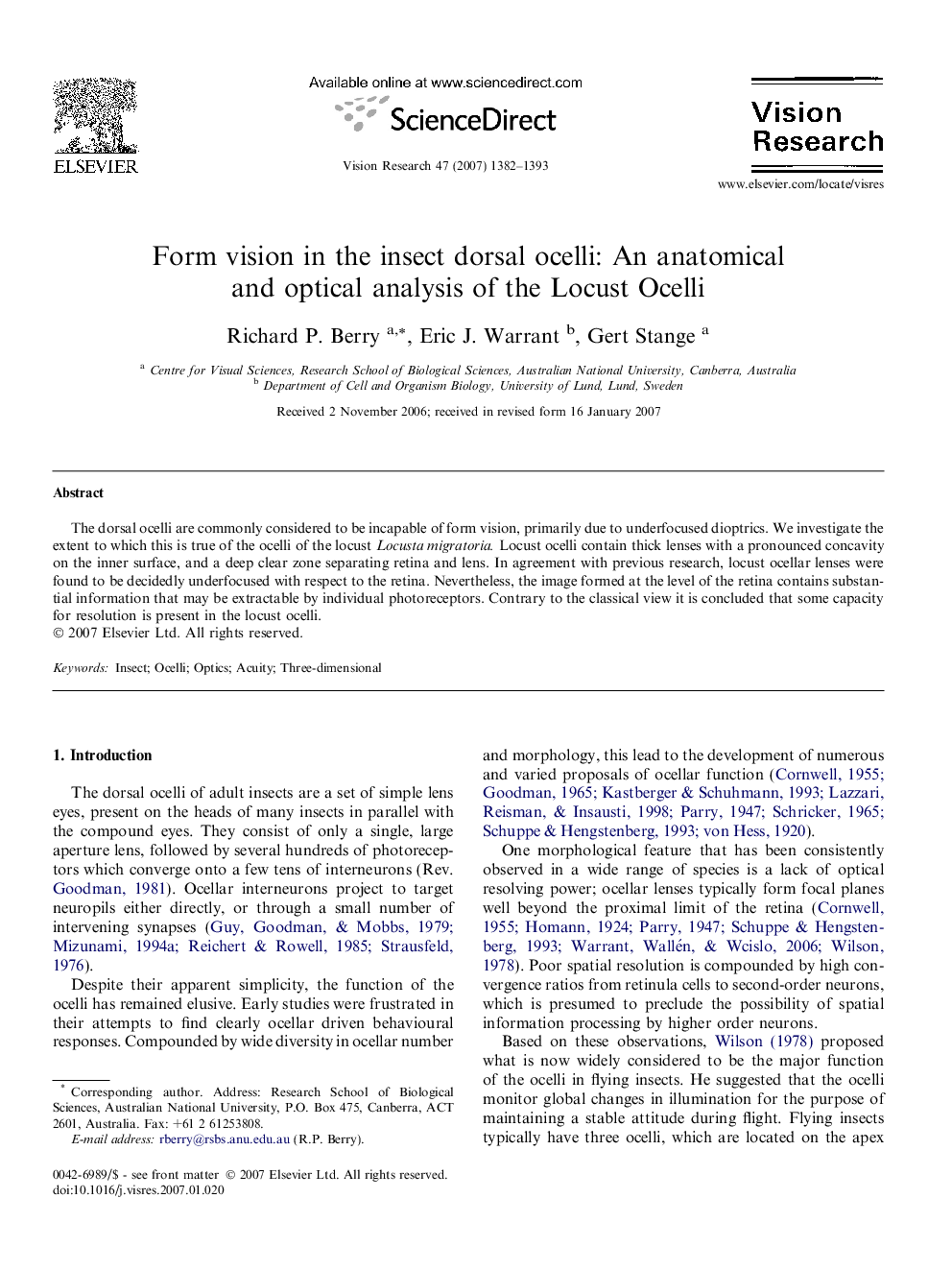 Form vision in the insect dorsal ocelli: An anatomical and optical analysis of the Locust Ocelli