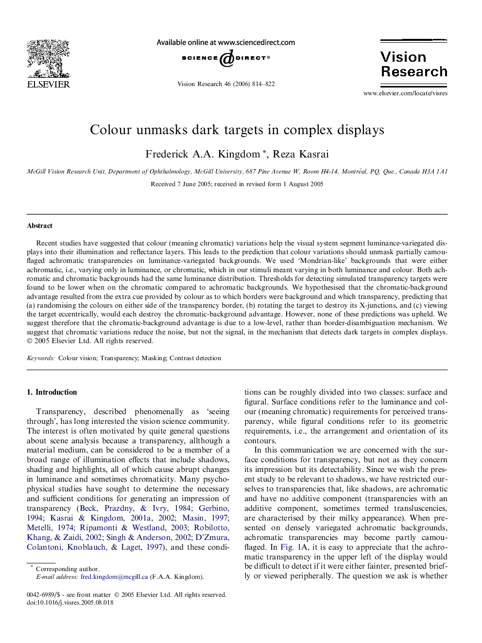 Colour unmasks dark targets in complex displays