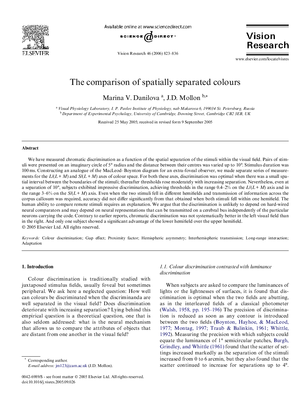 The comparison of spatially separated colours