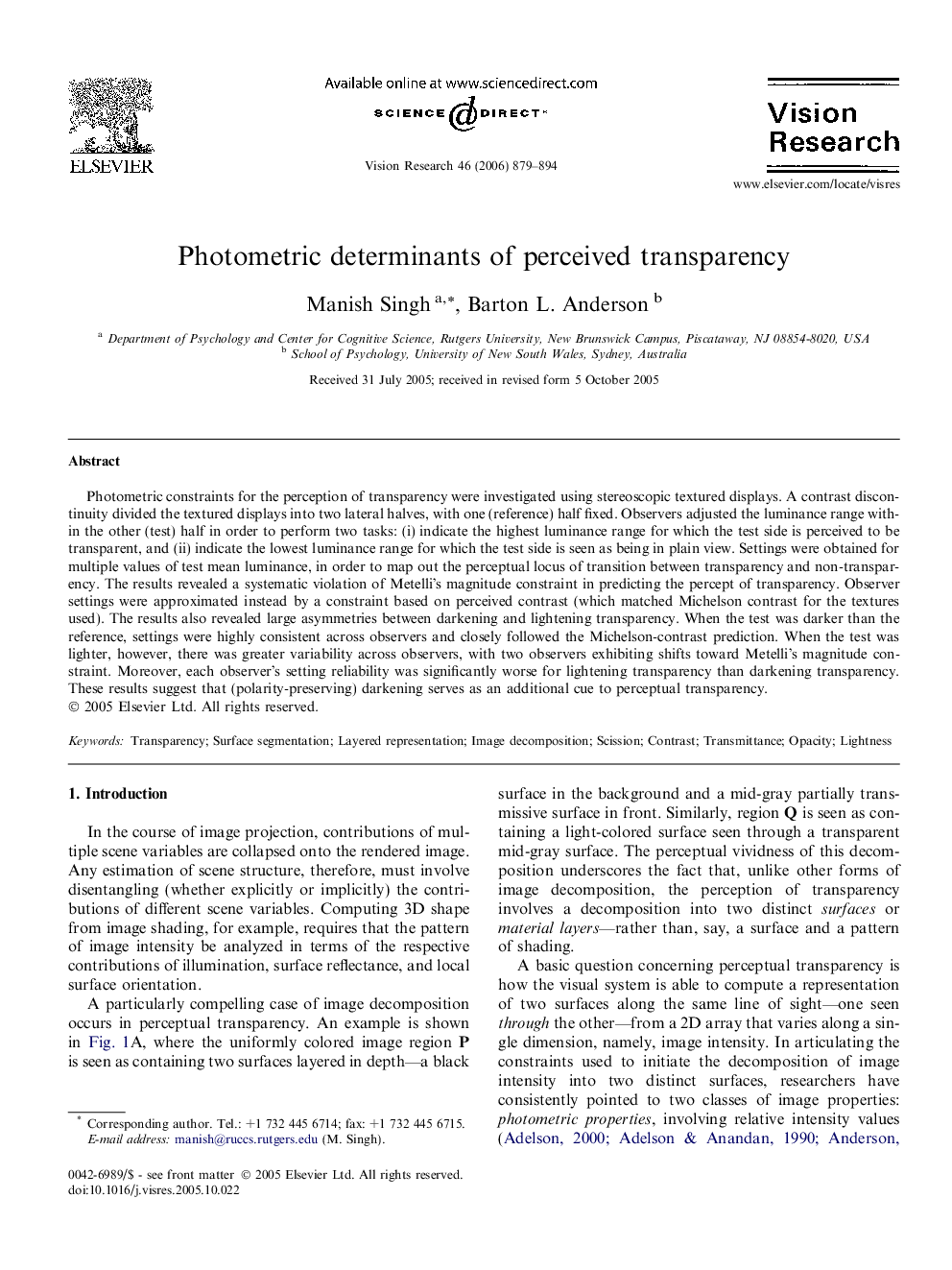 Photometric determinants of perceived transparency