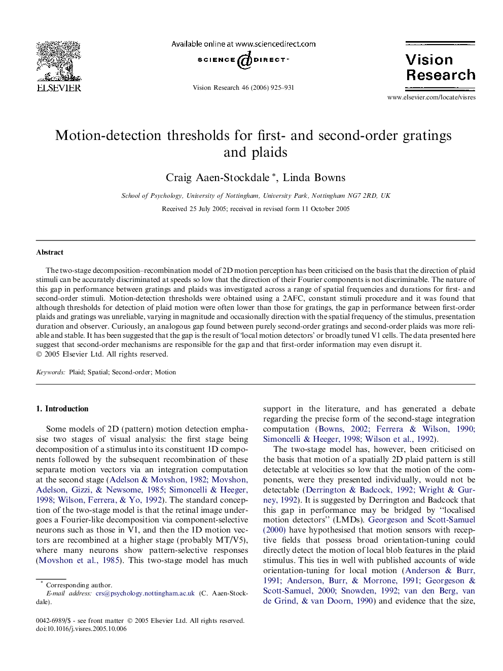 Motion-detection thresholds for first- and second-order gratings and plaids