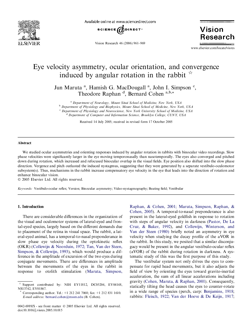 Eye velocity asymmetry, ocular orientation, and convergence induced by angular rotation in the rabbit 