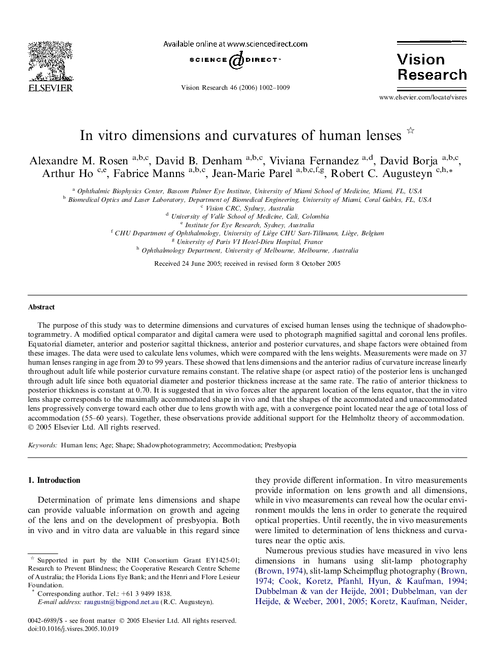 In vitro dimensions and curvatures of human lenses 