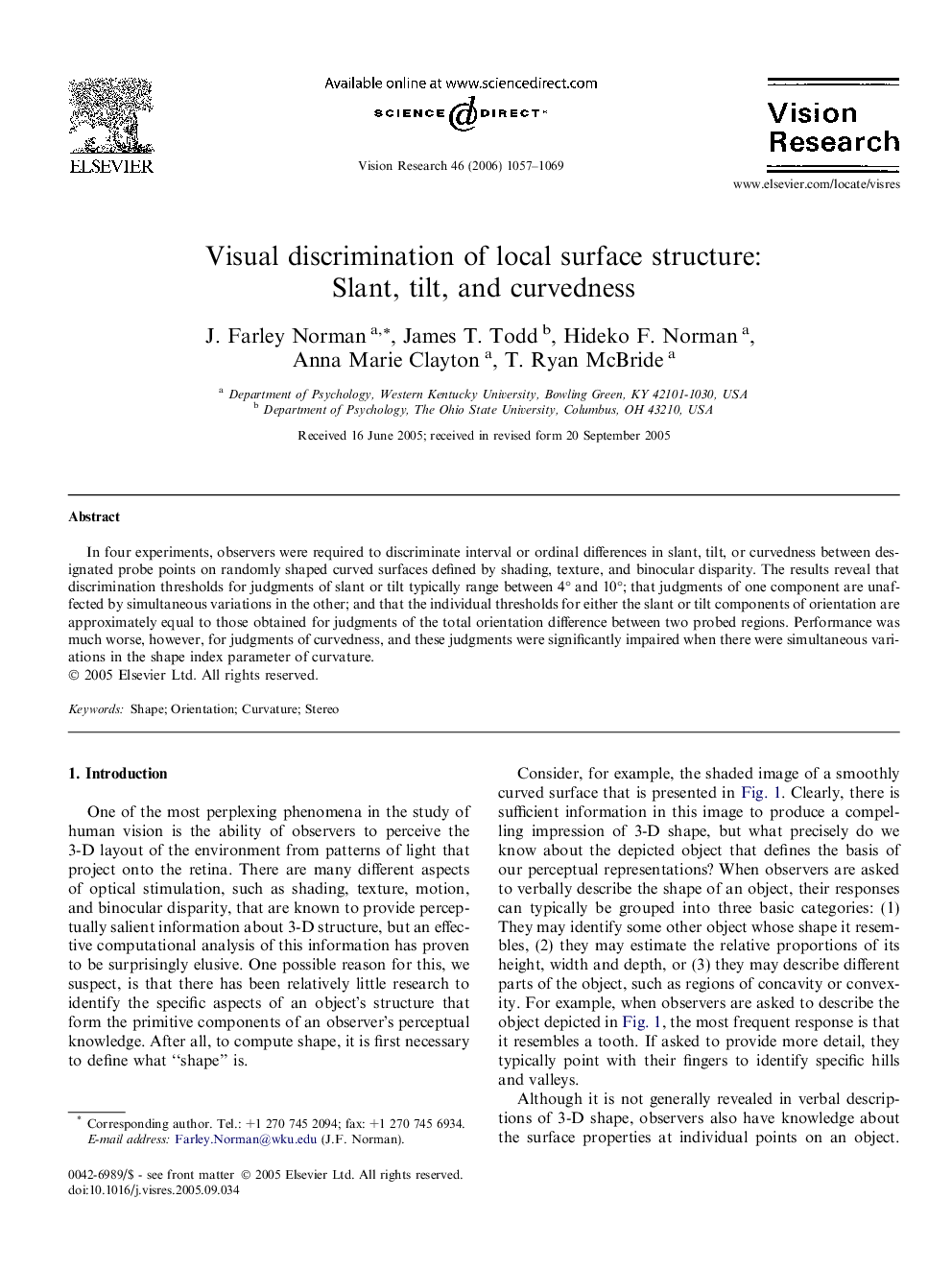 Visual discrimination of local surface structure: Slant, tilt, and curvedness