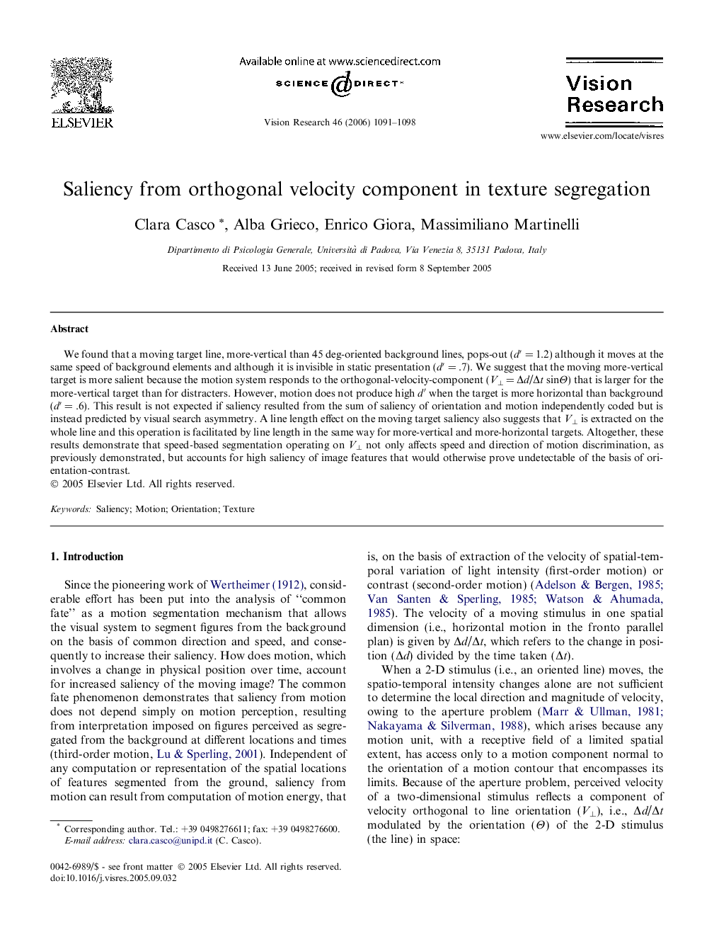 Saliency from orthogonal velocity component in texture segregation