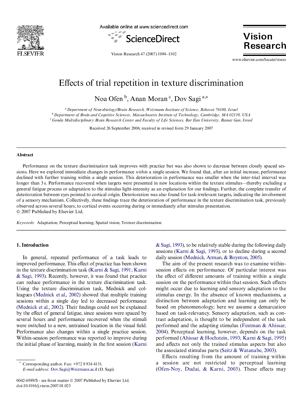 Effects of trial repetition in texture discrimination