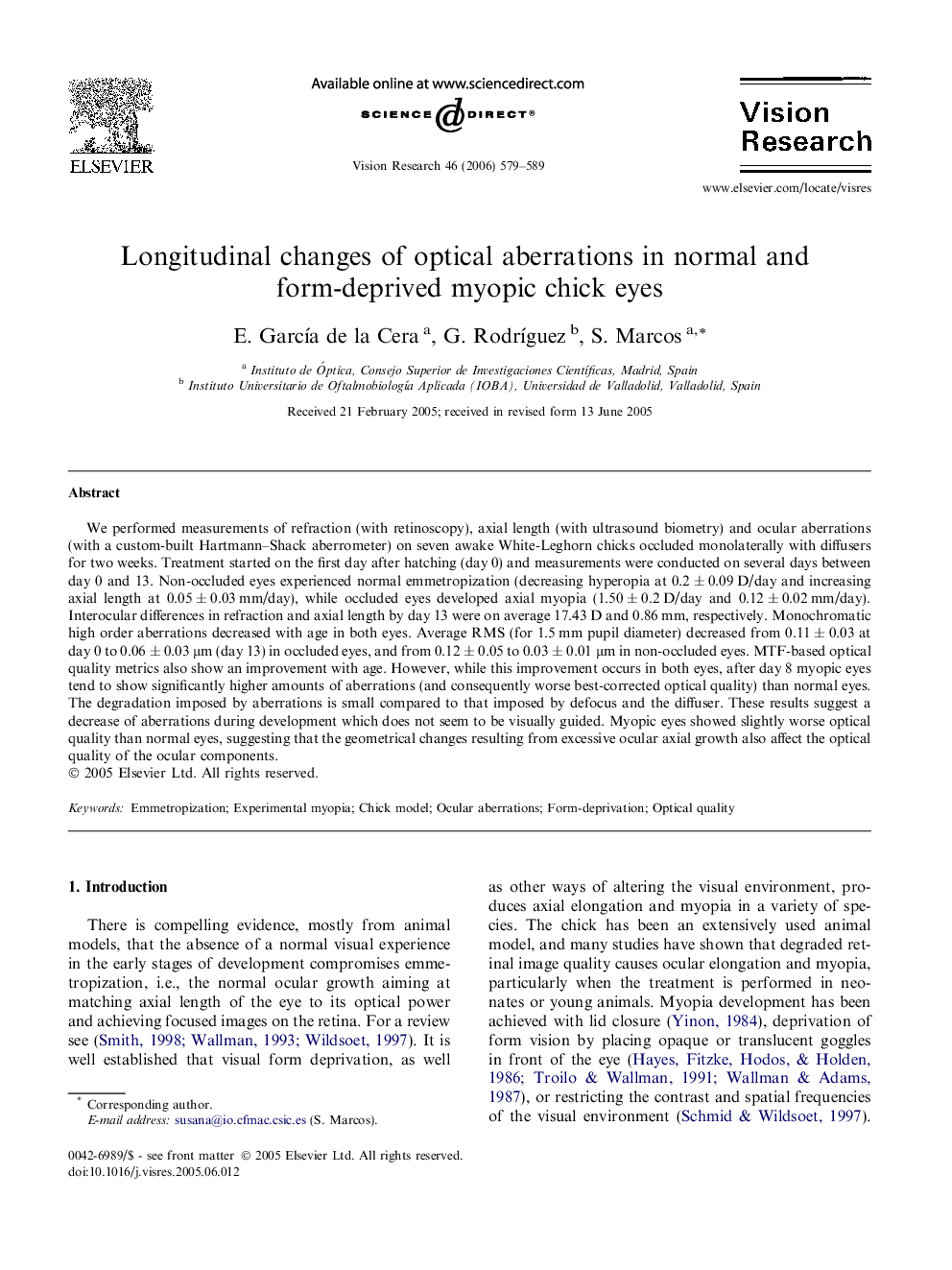 Longitudinal changes of optical aberrations in normal and form-deprived myopic chick eyes