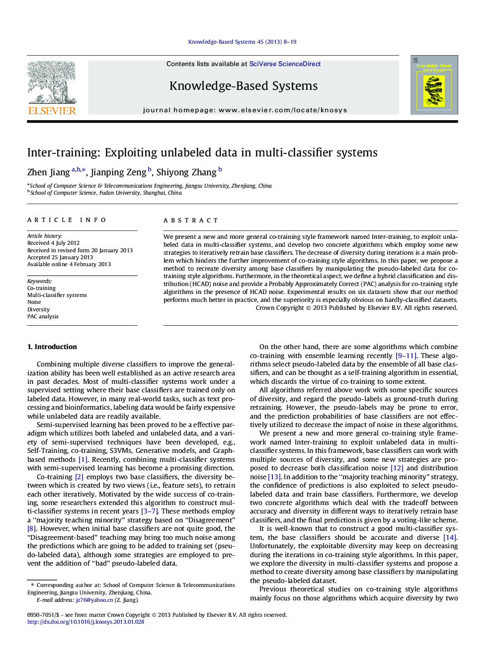 Inter-training: Exploiting unlabeled data in multi-classifier systems