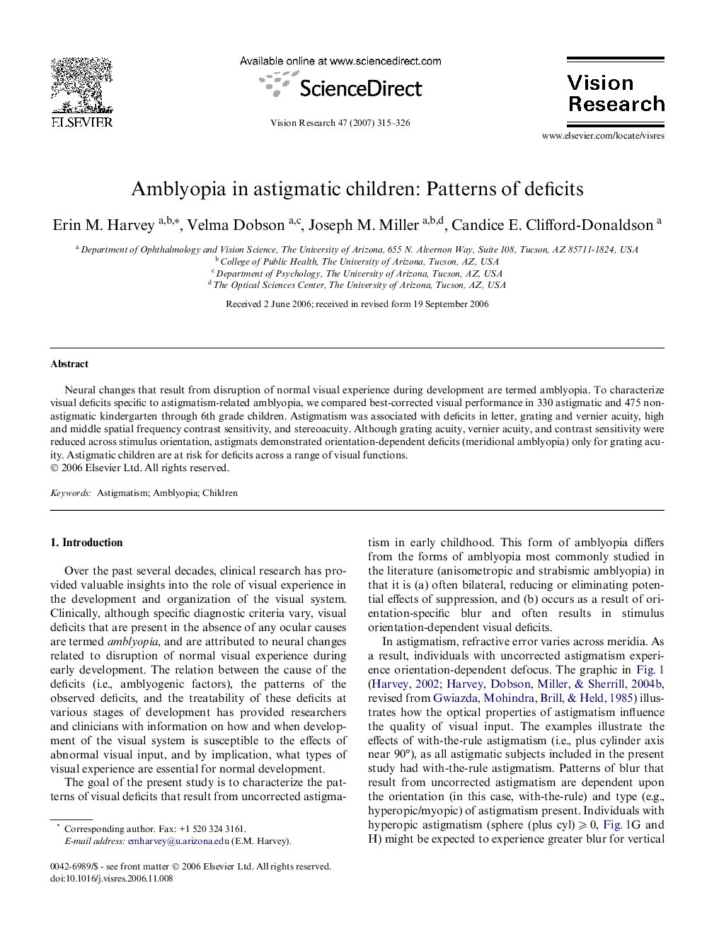 Amblyopia in astigmatic children: Patterns of deficits