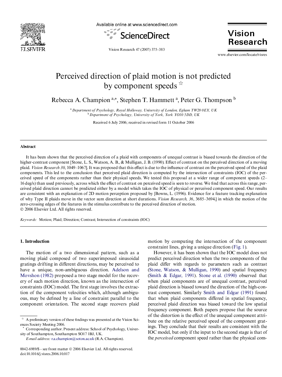 Perceived direction of plaid motion is not predicted by component speeds 