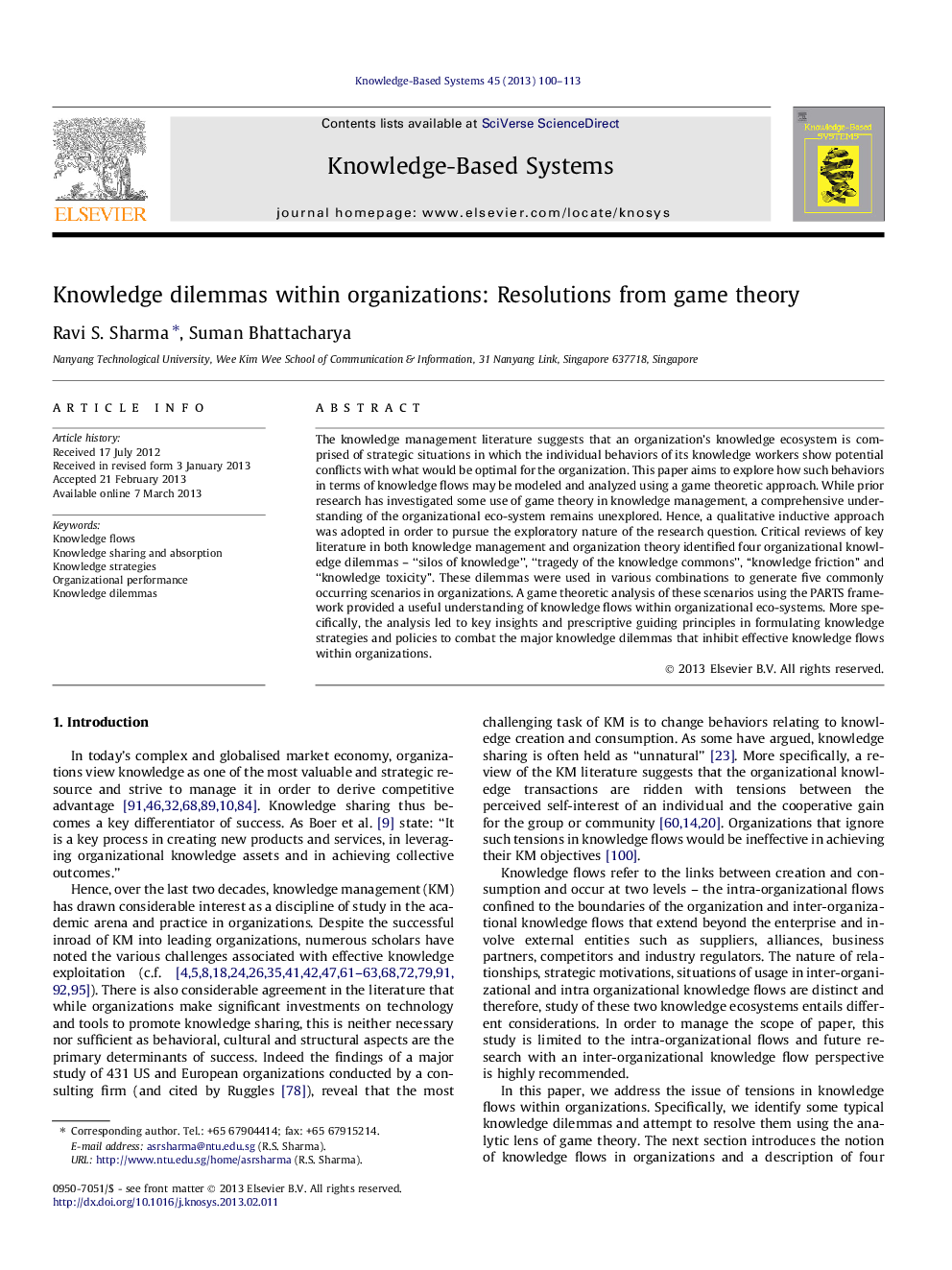 Knowledge dilemmas within organizations: Resolutions from game theory