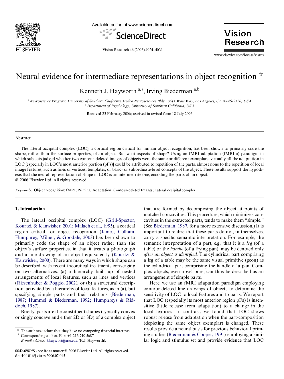 Neural evidence for intermediate representations in object recognition 