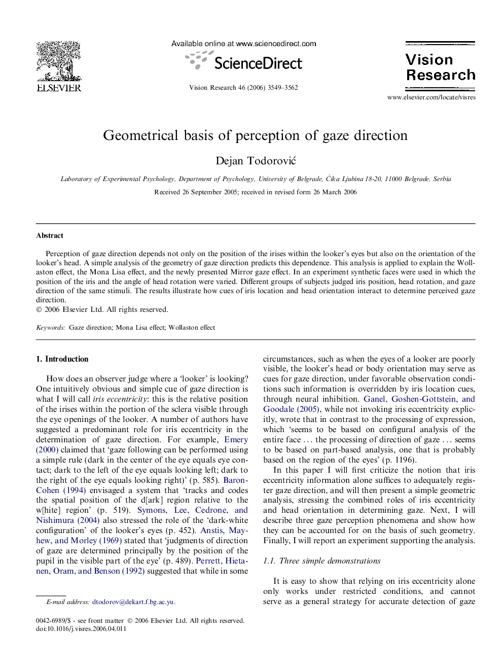 Geometrical basis of perception of gaze direction