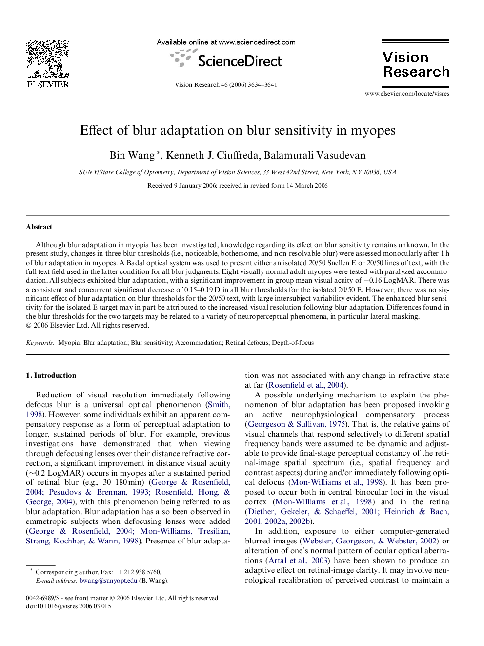 Effect of blur adaptation on blur sensitivity in myopes