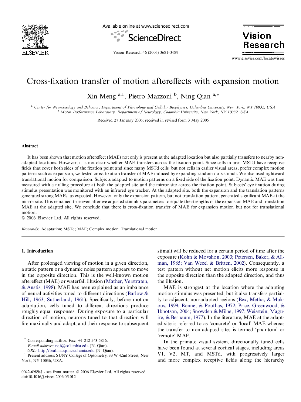 Cross-fixation transfer of motion aftereffects with expansion motion