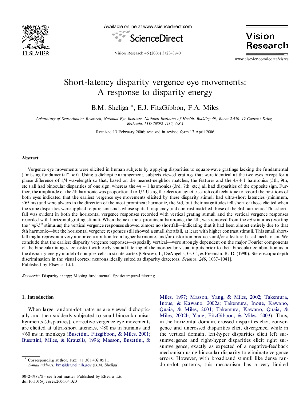 Short-latency disparity vergence eye movements: A response to disparity energy