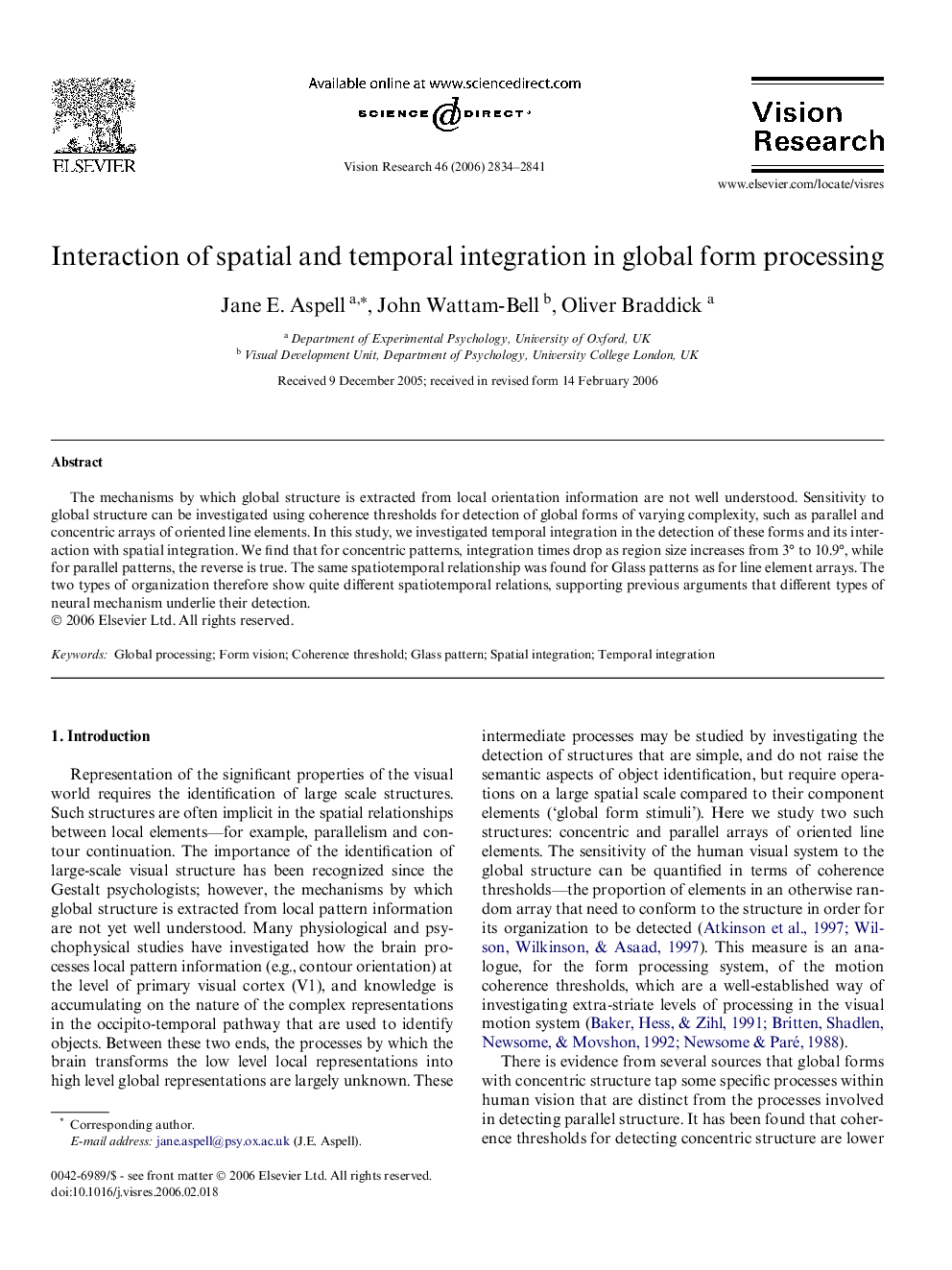 Interaction of spatial and temporal integration in global form processing