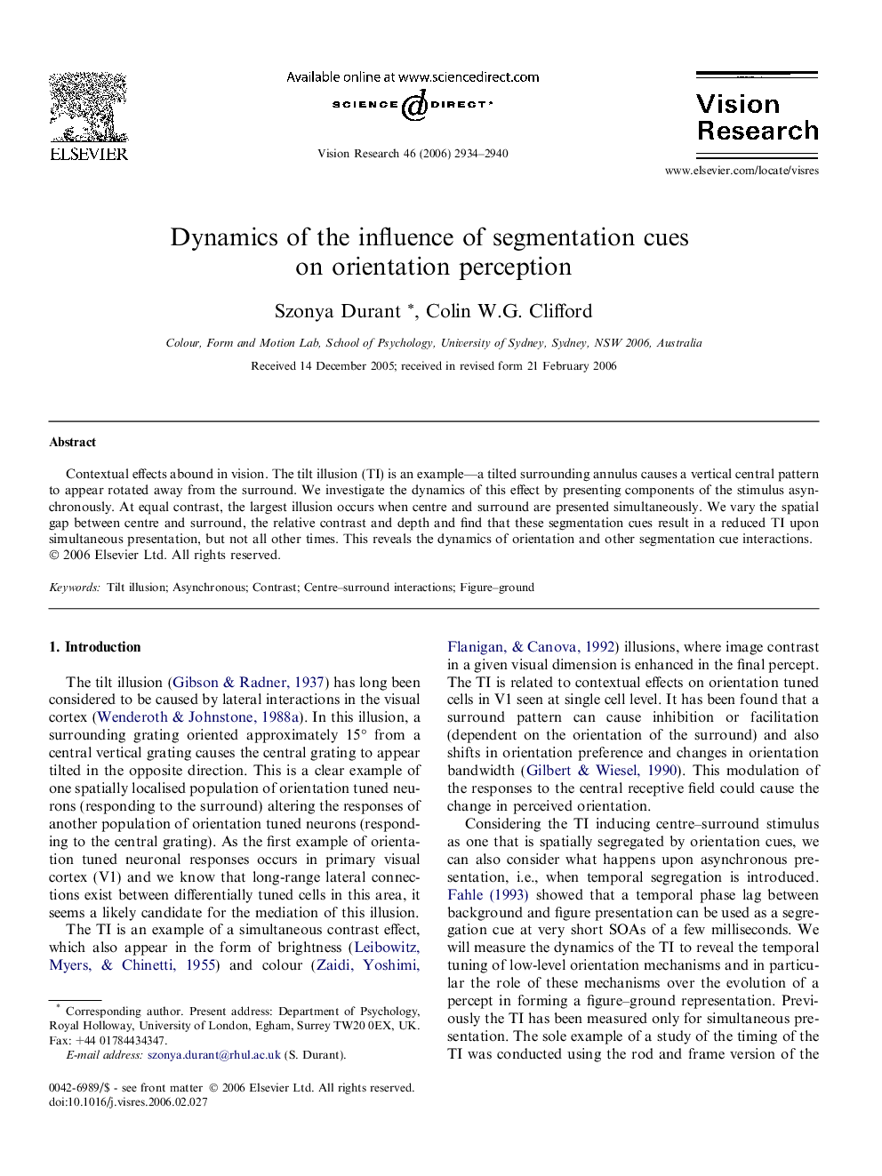 Dynamics of the influence of segmentation cues on orientation perception