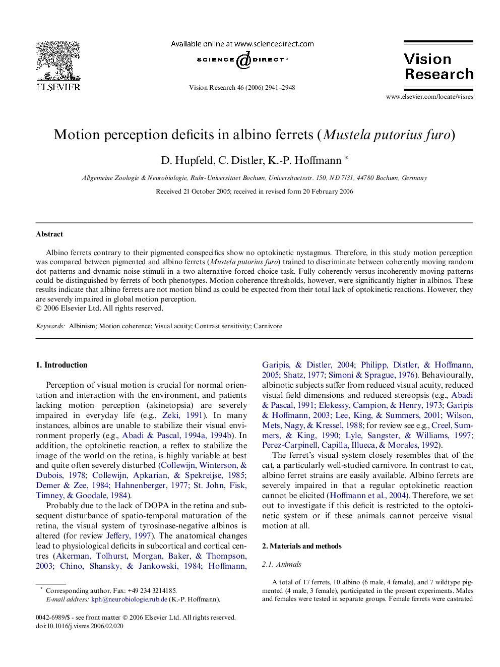 Motion perception deficits in albino ferrets (Mustela putorius furo)