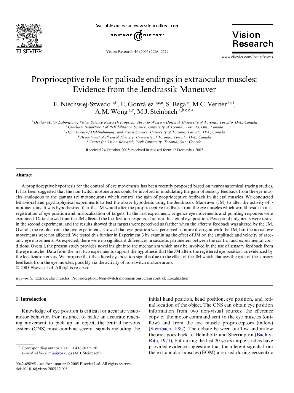 Proprioceptive role for palisade endings in extraocular muscles: Evidence from the Jendrassik Maneuver