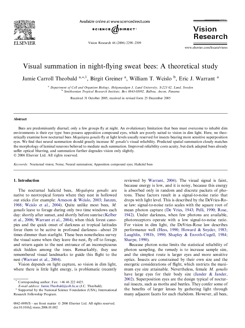 Visual summation in night-flying sweat bees: A theoretical study