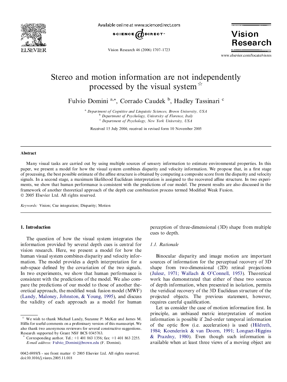 Stereo and motion information are not independently processed by the visual system 