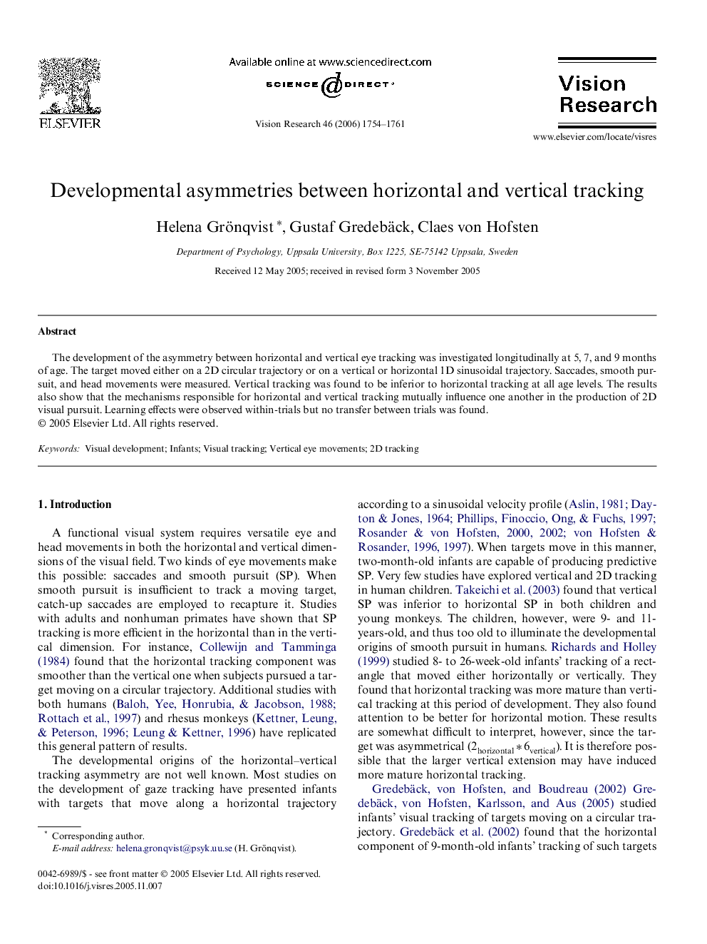 Developmental asymmetries between horizontal and vertical tracking