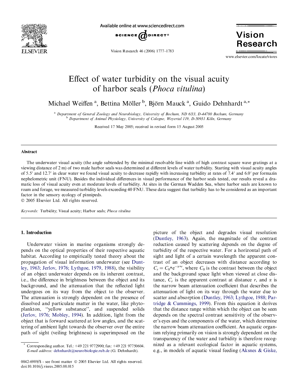 Effect of water turbidity on the visual acuity of harbor seals (Phoca vitulina)