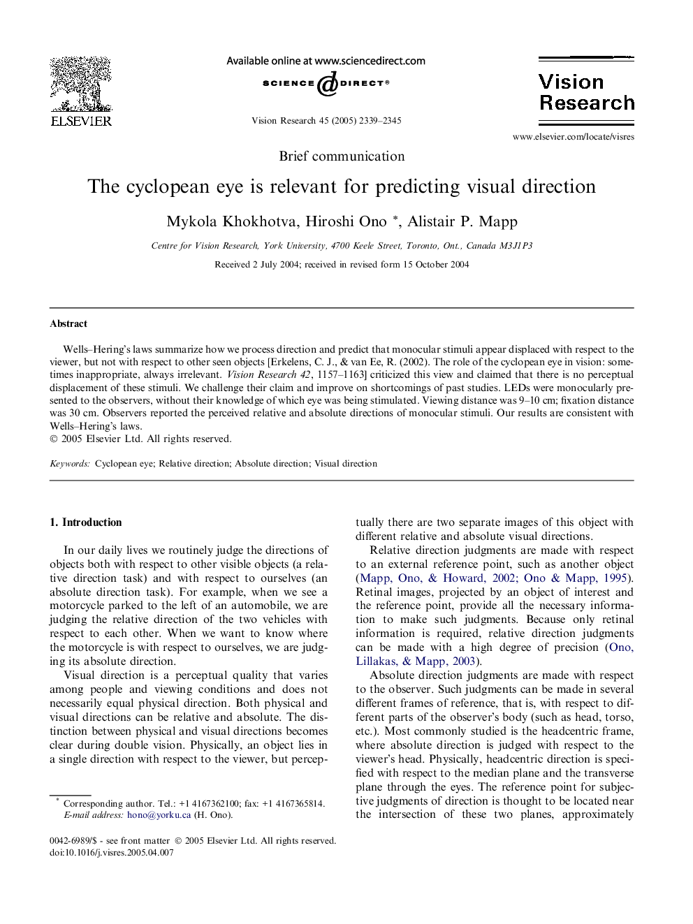 The cyclopean eye is relevant for predicting visual direction