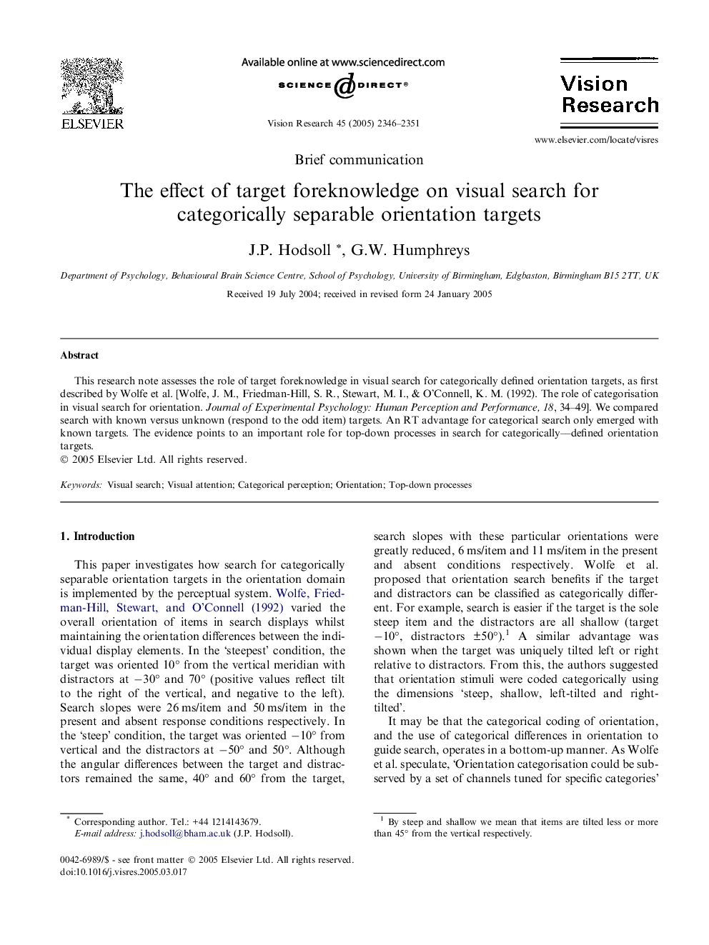 The effect of target foreknowledge on visual search for categorically separable orientation targets