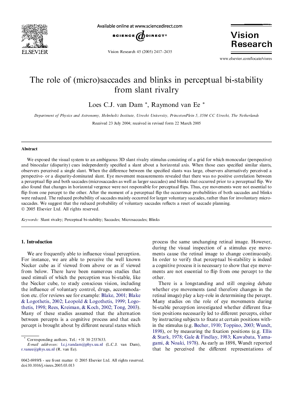 The role of (micro)saccades and blinks in perceptual bi-stability from slant rivalry