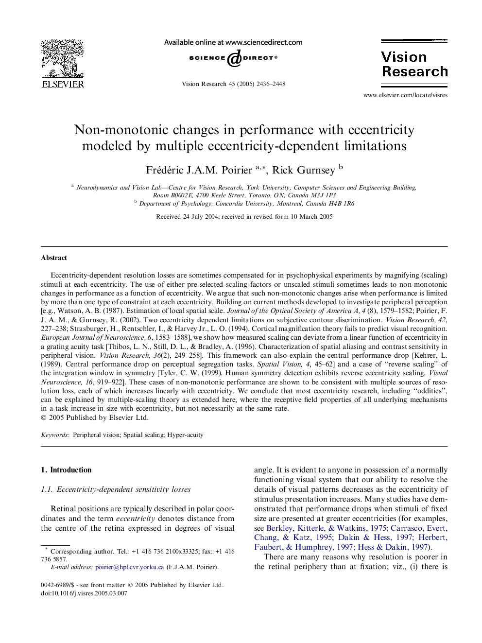 Non-monotonic changes in performance with eccentricity modeled by multiple eccentricity-dependent limitations