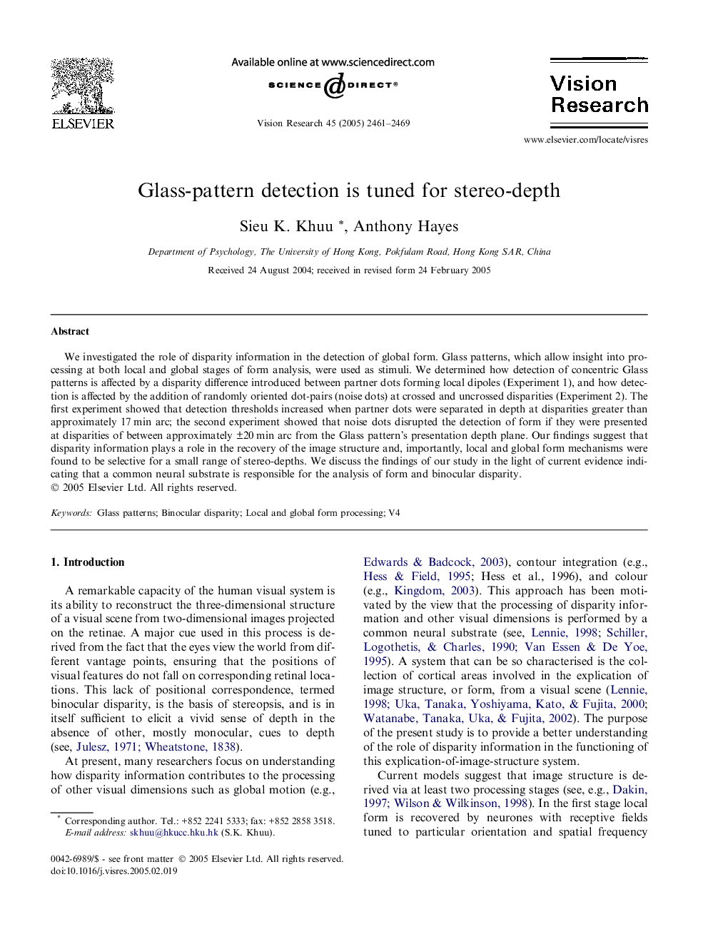 Glass-pattern detection is tuned for stereo-depth