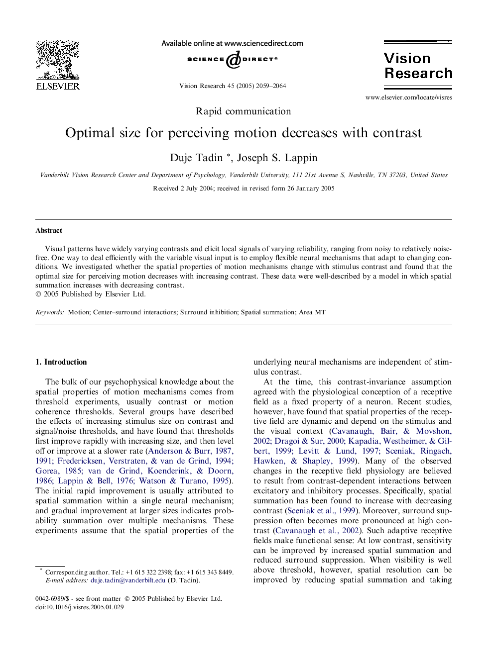 Optimal size for perceiving motion decreases with contrast