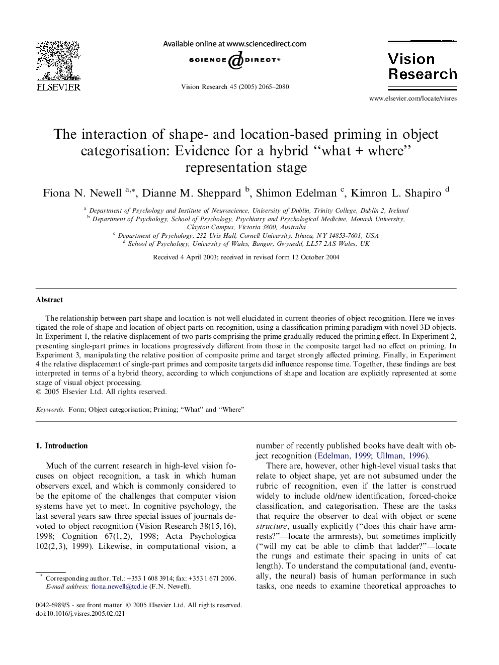 The interaction of shape- and location-based priming in object categorisation: Evidence for a hybrid “what + where” representation stage