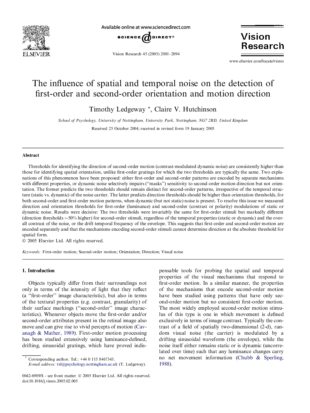 The influence of spatial and temporal noise on the detection of first-order and second-order orientation and motion direction