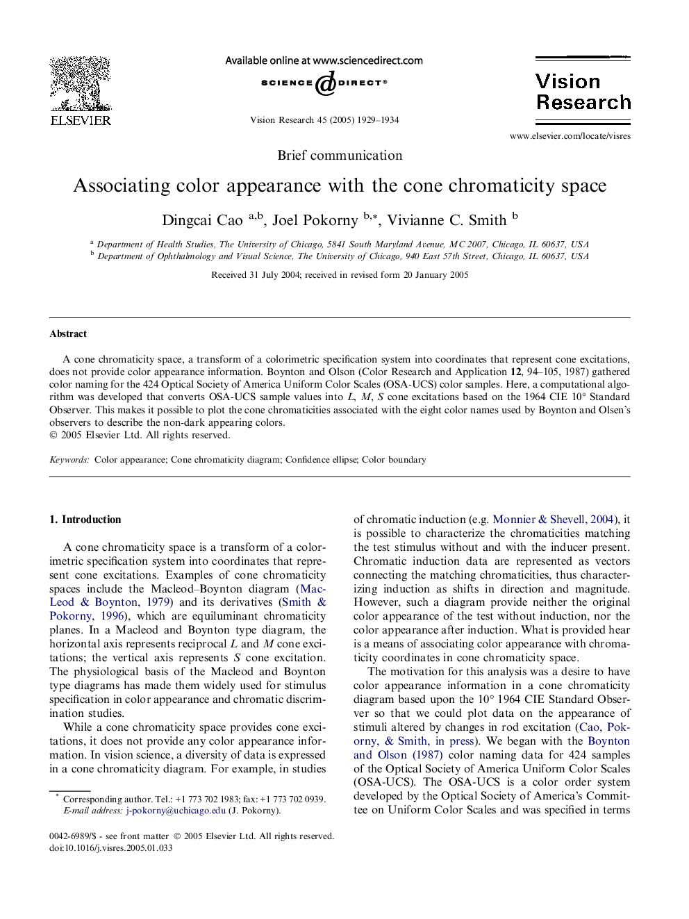 Associating color appearance with the cone chromaticity space